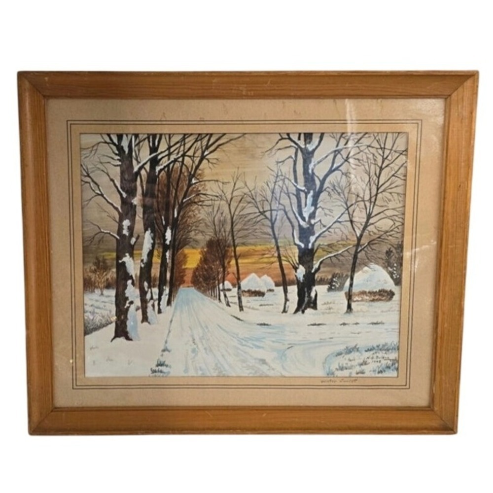 Vintage Winter Sunset Painting Signed H.G. Bulens 1948 Framed Landscape Art